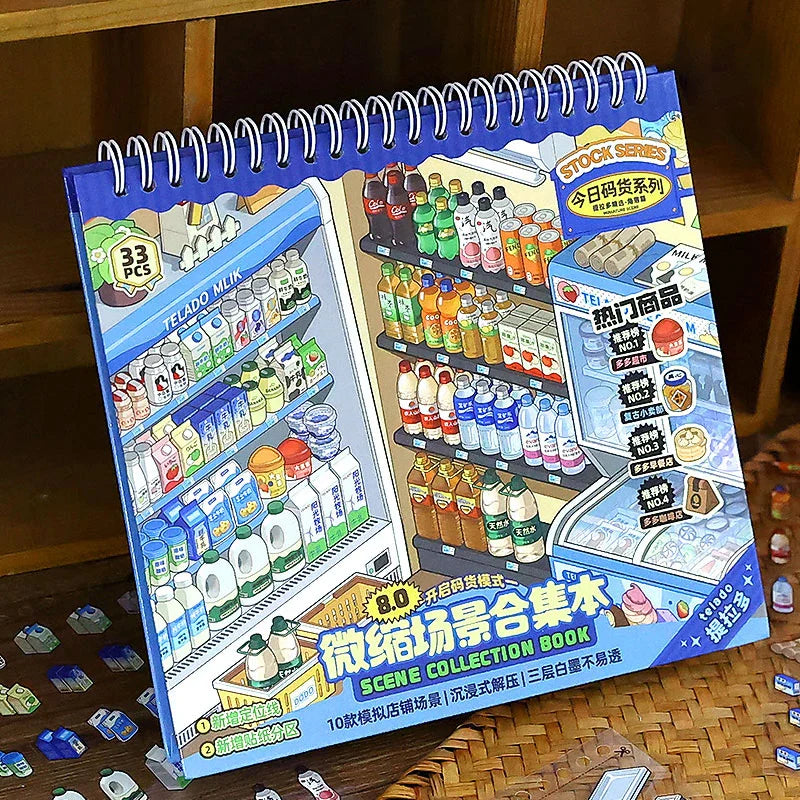 Telado scene sticker books collection with miniature shop and room scene artwork