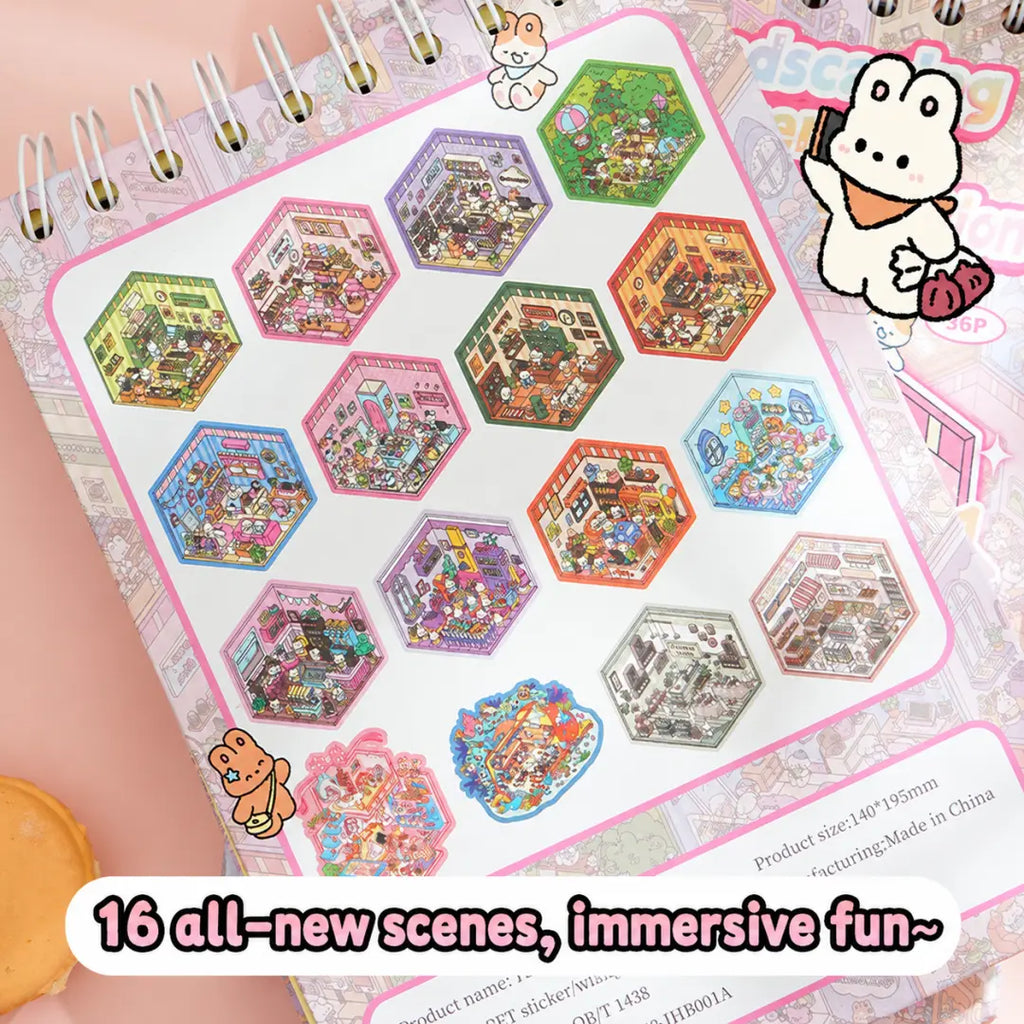 Product details for the 3D scene sticker collection book showing material, contents, and 140 by 195 mm size