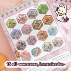 Product details for the 3D scene sticker collection book showing material, contents, and 140 by 195 mm size