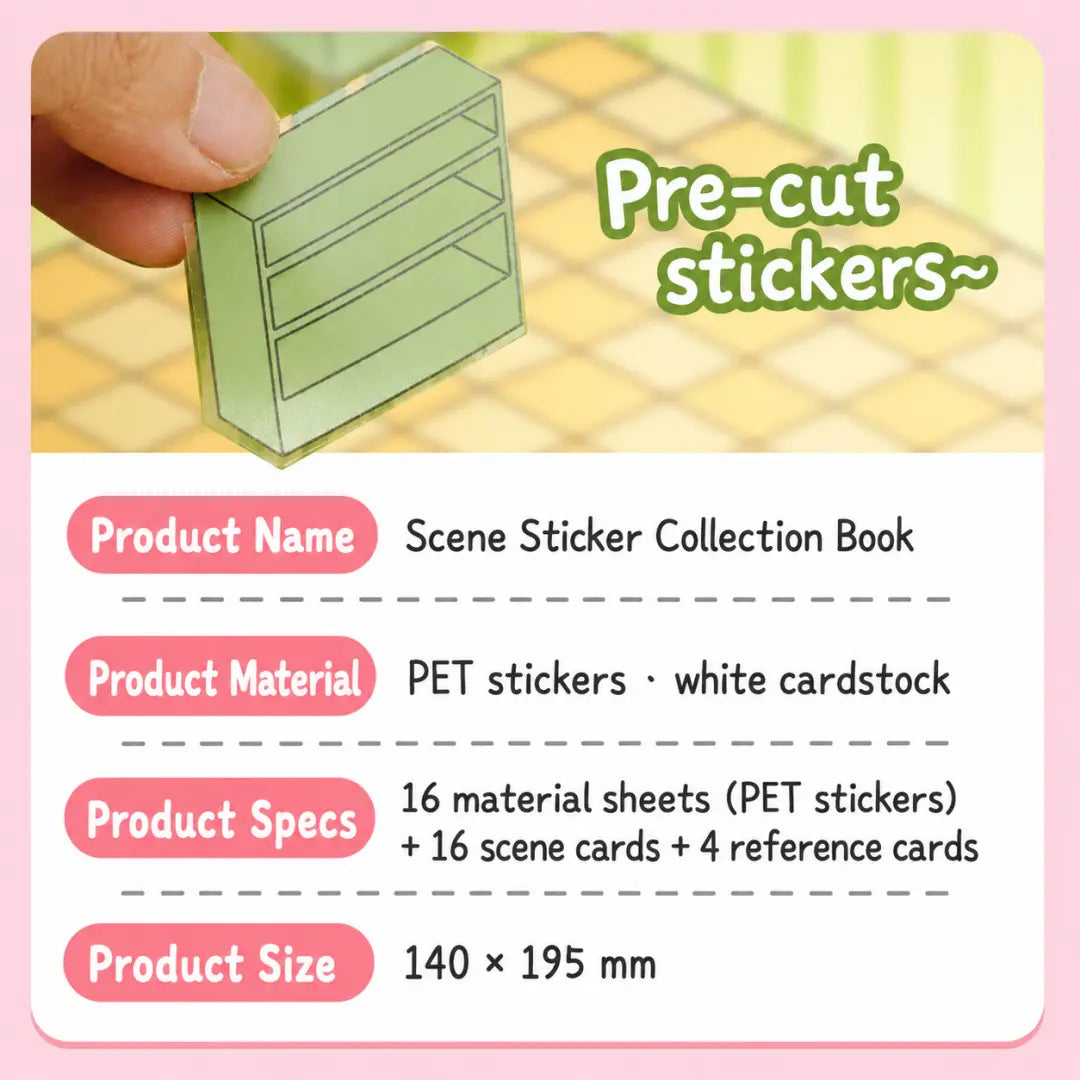 Overview of 16 miniature scene designs included in the 3D scene sticker collection book