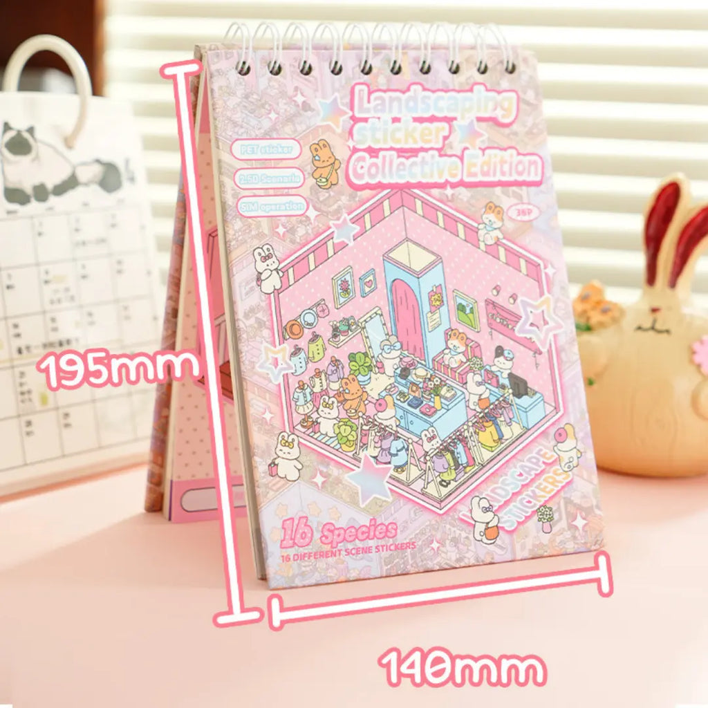 Size display of the spiral-bound 3D scene sticker collection book measuring 140 by 195 mm