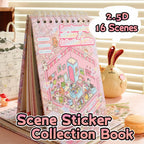 Spiral-bound 3D scene sticker collection book with 16 miniature scene designs and pink cover