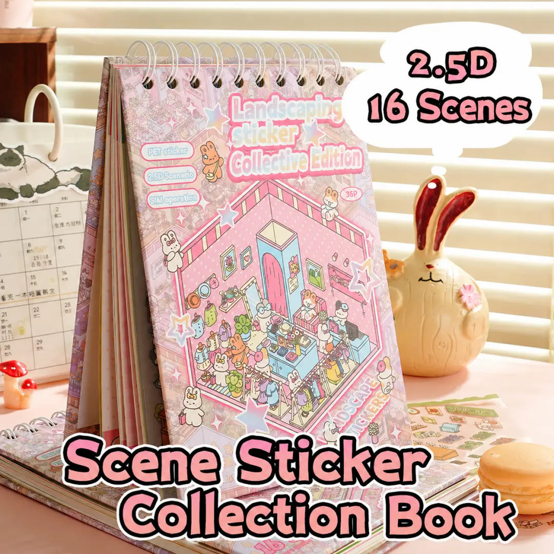Spiral-bound 3D scene sticker collection book with 16 miniature scene designs and pink cover