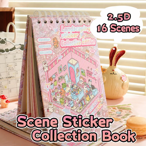 Spiral-bound 3D scene sticker collection book with 16 miniature scene designs and pink cover