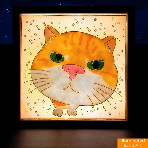 Custom illuminated pet sand art made from a cat or dog photo, displayed in a solid wood LED light box