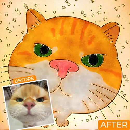 Before and after comparison showing a pet photo transformed into personalized illuminated sand art