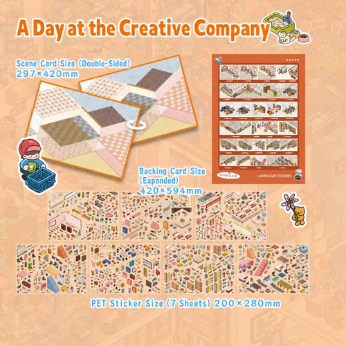 A Day at the Creative Company 3D scene sticker kit contents with scene card, backing card, and 7 PET sticker sheets