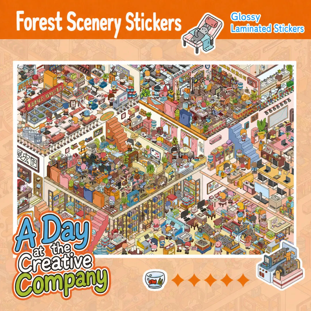 A Day at the Creative Company 3D scene sticker kit overview showing a busy creative office scene