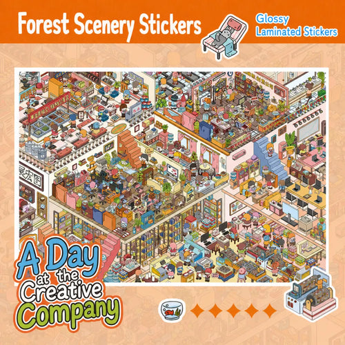 A Day at the Creative Company 3D scene sticker kit overview showing a busy creative office scene