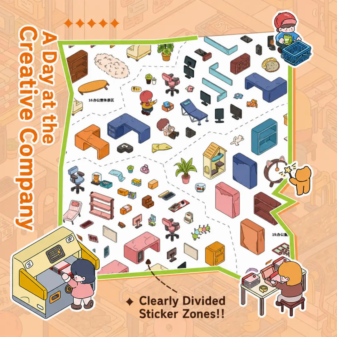 Close-up of clearly divided sticker zones for the A Day at the Creative Company scene sticker kit