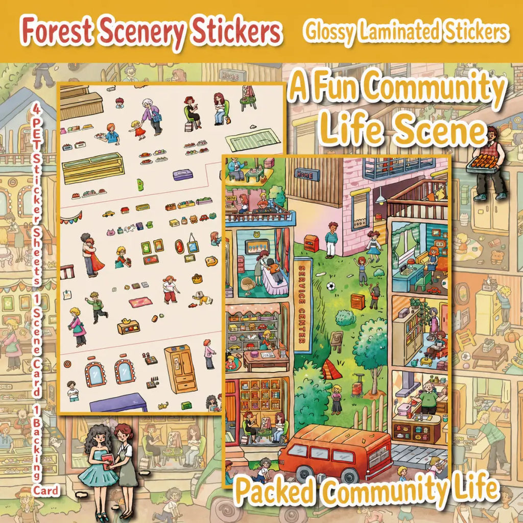 A Fun Community Life 3D scene sticker kit overview showing sticker sheets and the packed community scene