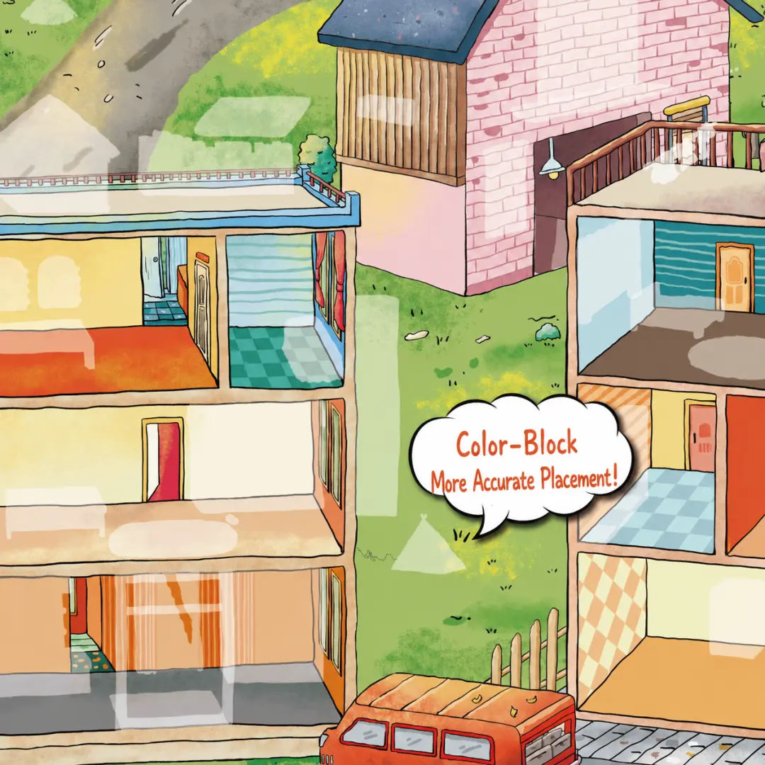 A Fun Community Life scene sticker kit color-block placement guide for more accurate sticker placement