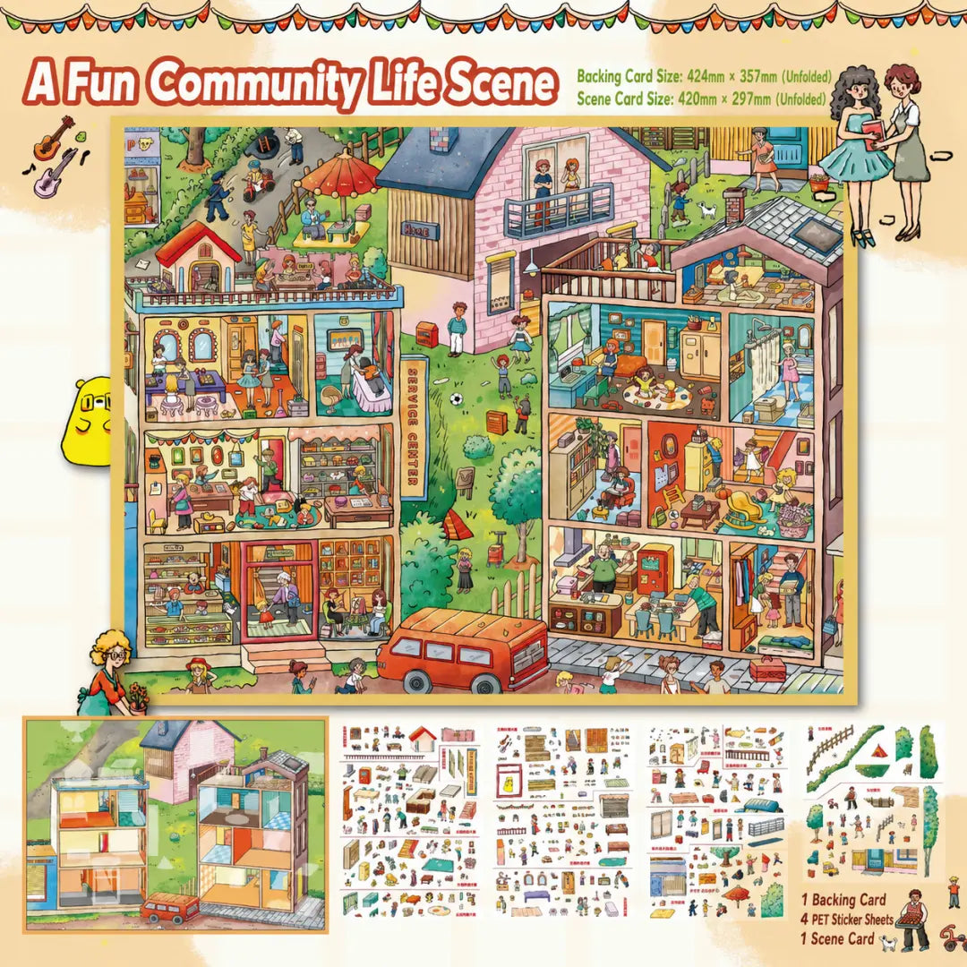 A Fun Community Life scene sticker kit contents with 4 sticker sheets, 1 backing card, and 1 scene card