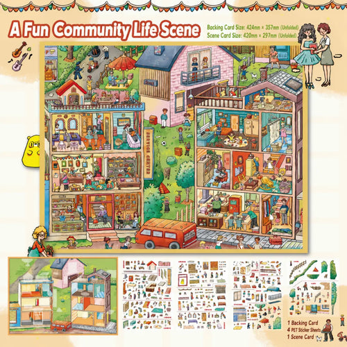 A Fun Community Life scene sticker kit contents with 4 sticker sheets, 1 backing card, and 1 scene card
