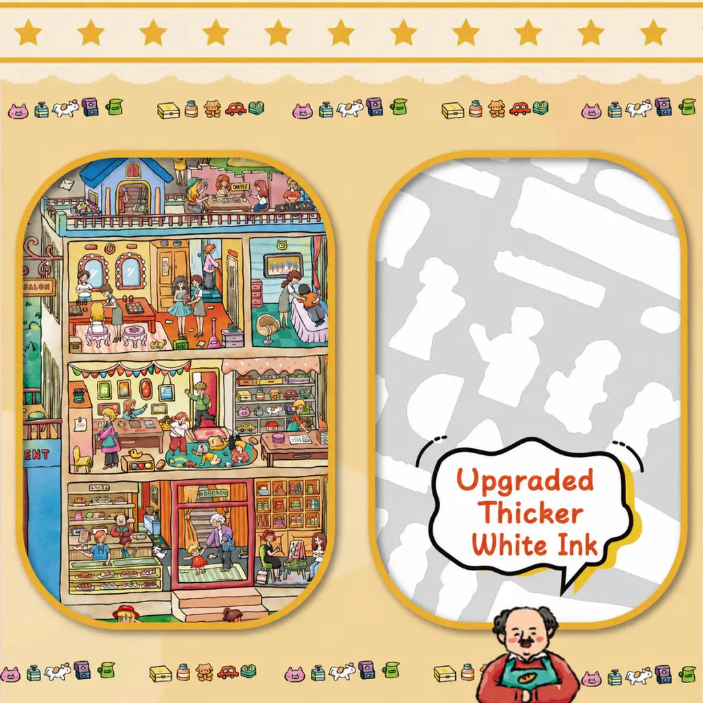 Close-up of A Fun Community Life scene sticker kit showing upgraded thicker white ink detail