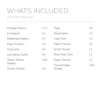 English contents list for the Afternoon Tea Junk Journal Kit with included item names and quantities