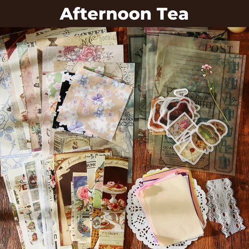 Afternoon Tea Junk Journal Kit flat lay showing the coordinated papers, ephemera, stickers, and craft embellishments included in the set