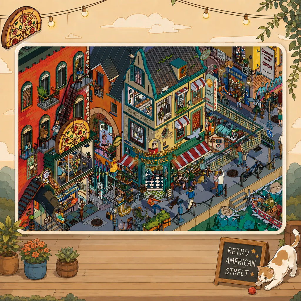 Finished American retro street 3D-look scene sticker kit with bookstore, café, pizza shop, toy store, and city street details