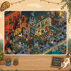 Finished American retro street 3D-look scene sticker kit with bookstore, café, pizza shop, toy store, and city street details