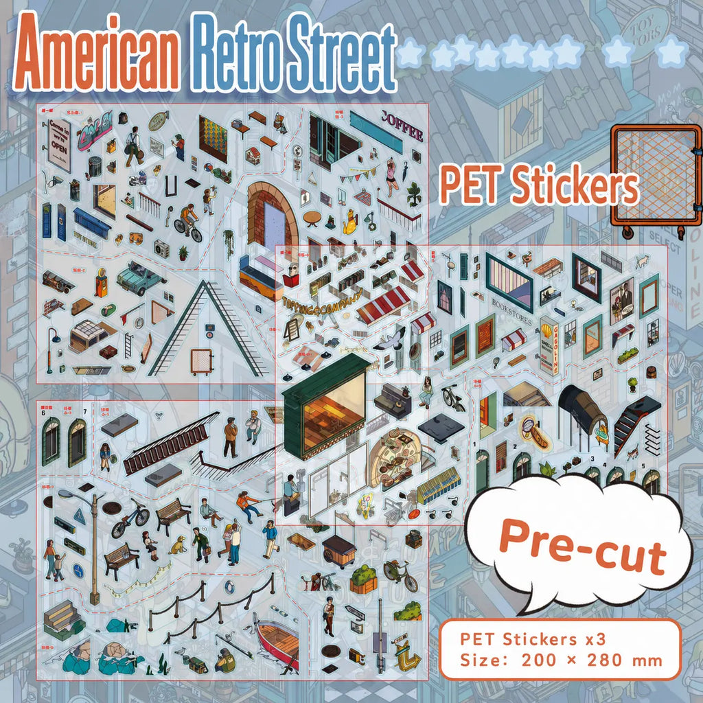 Three pre-cut PET sticker sheets with buildings, people, windows, bikes, signs, and street details for a retro city scene