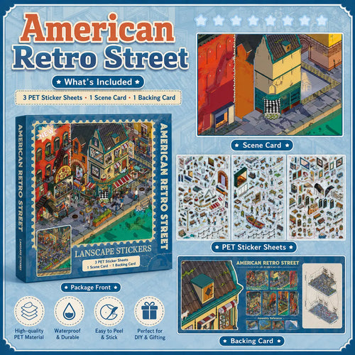 American retro street scene sticker kit contents with package front, scene card, three PET sticker sheets, and backing card