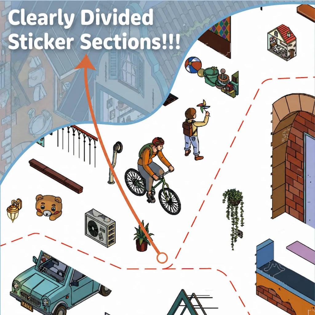 Close-up of clearly divided sticker sections with pre-cut street scene elements for easier searching and placement