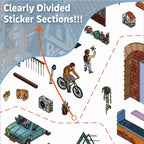 Close-up of clearly divided sticker sections with pre-cut street scene elements for easier searching and placement