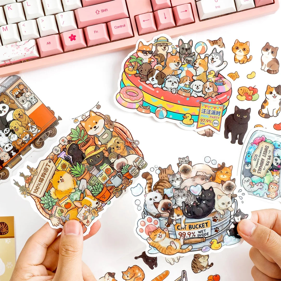 Large animal bucket die-cut stickers with cats, dogs, and cute animal groups