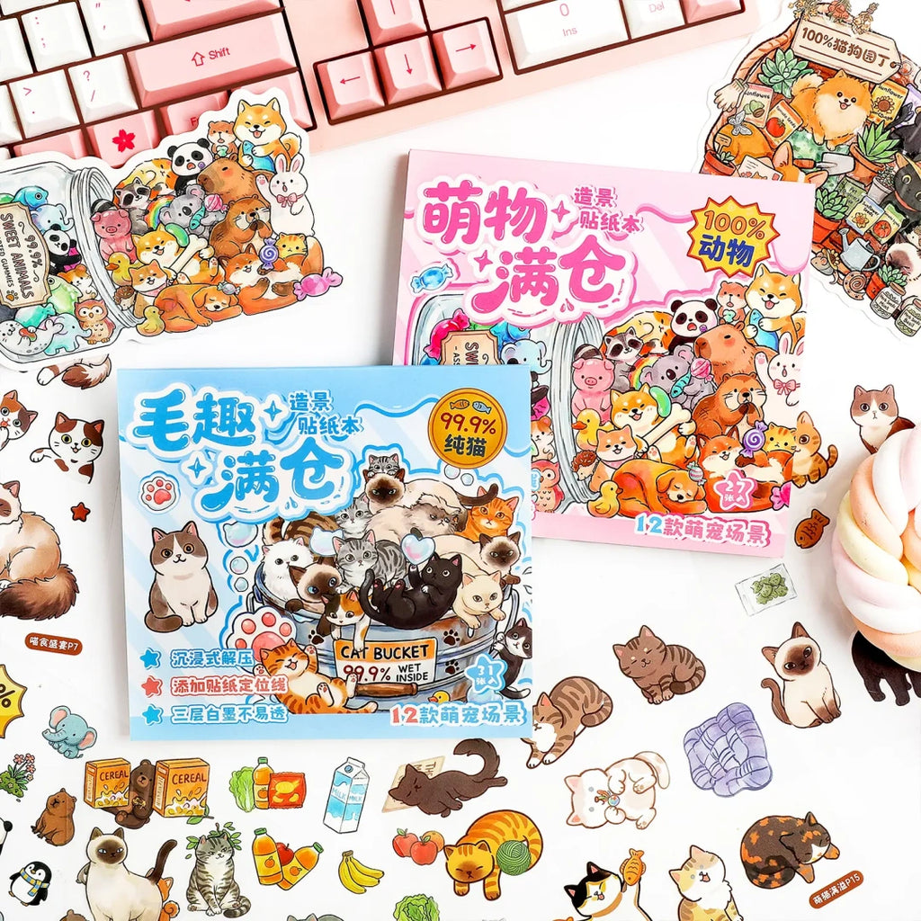 Animal Bucket 3D scene sticker kit set with cat and animal themed sticker packs