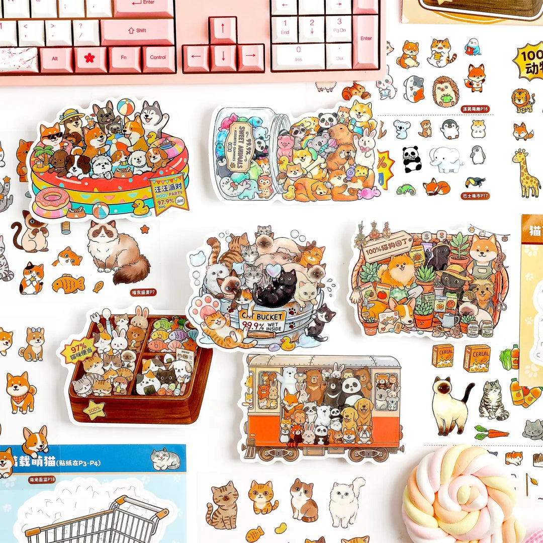 Animal Bucket sticker display with cats, dogs, pandas, bunnies, and animal scene pieces