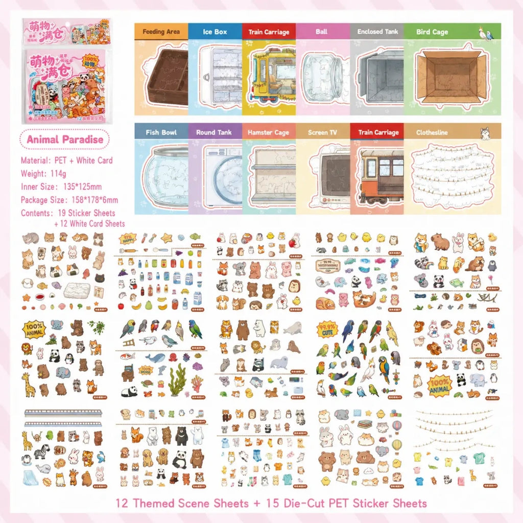 Animal Paradise scene sticker kit contents with animal scene sheets and die-cut PET stickers