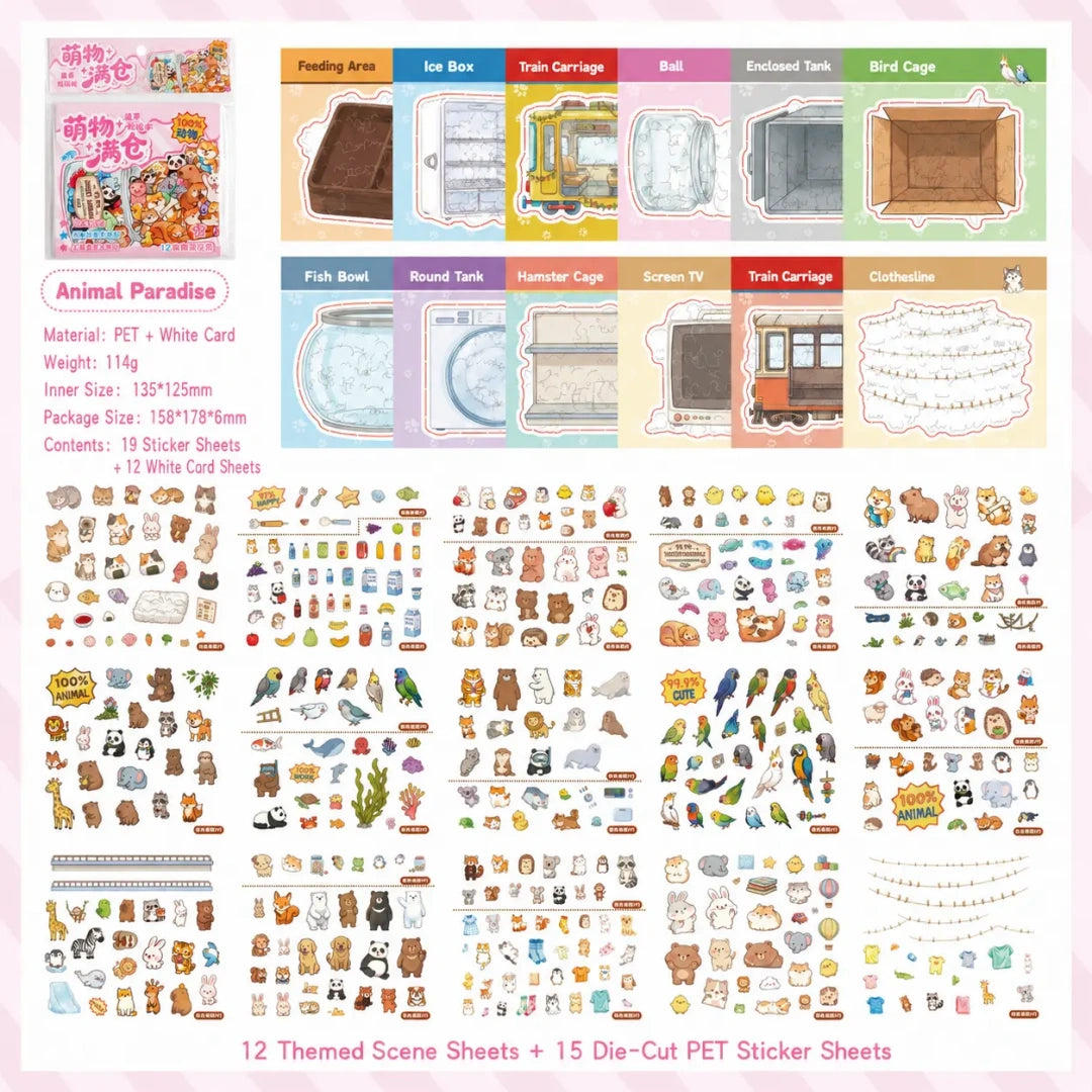 Animal Paradise scene sticker kit contents with animal scene sheets and die-cut PET stickers