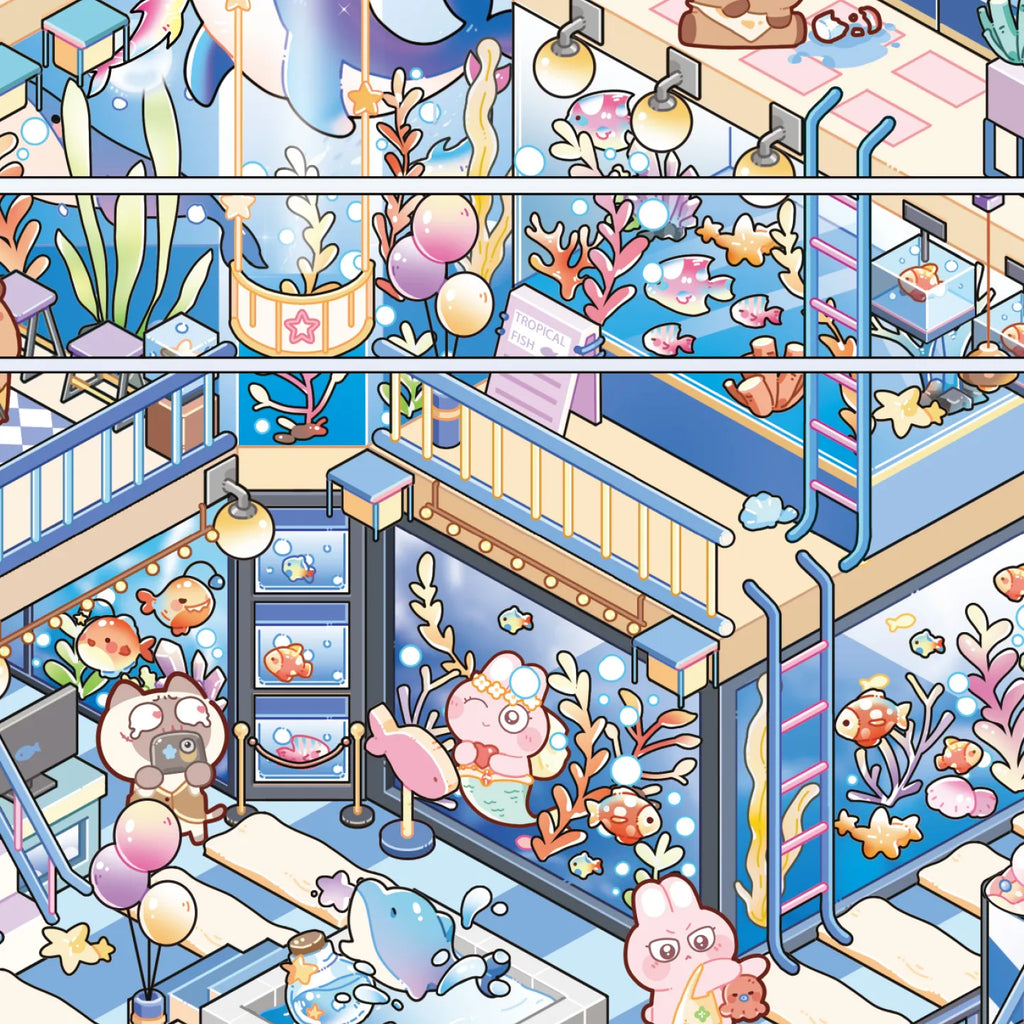 Close-up detail of the finished Aquarium Story glass house miniature sticker scene