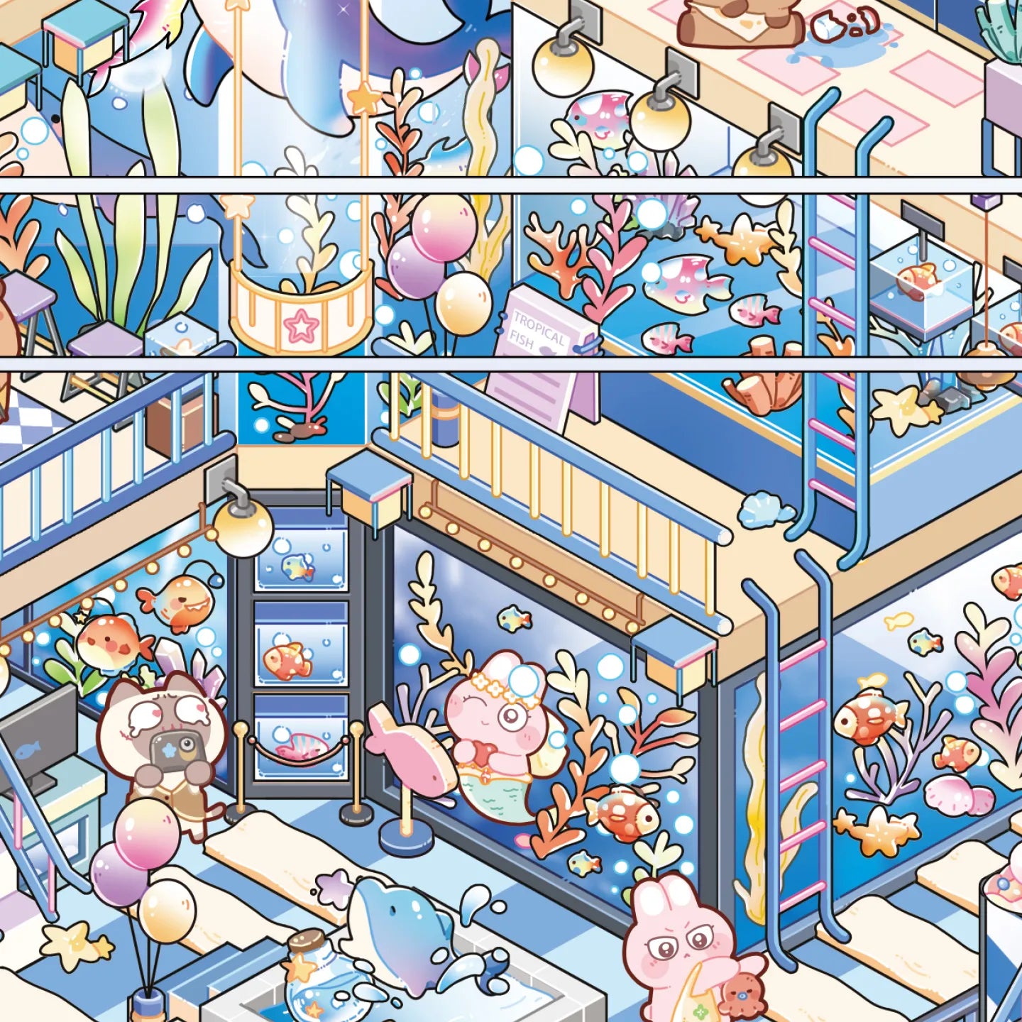 Close-up detail of the finished Aquarium Story glass house miniature sticker scene