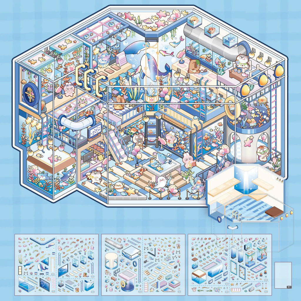 Contents of Aquarium Story Glass House Scene Sticker Kits with scene card, PVC glass house card, PET sticker sheets, guide, and helper card