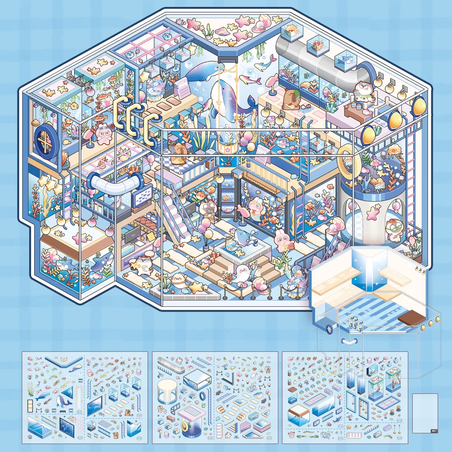 Contents of Aquarium Story Glass House Scene Sticker Kits with scene card, PVC glass house card, PET sticker sheets, guide, and helper card