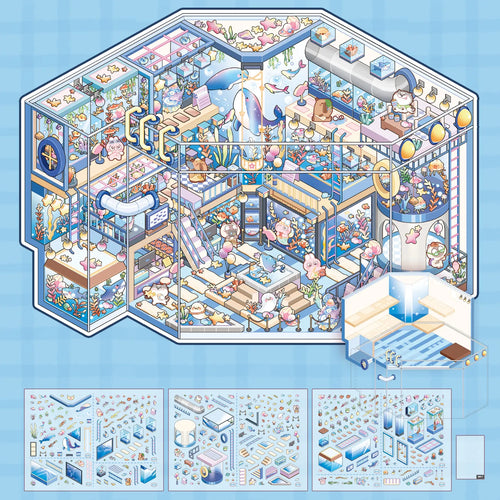Contents of Aquarium Story Glass House Scene Sticker Kits with scene card, PVC glass house card, PET sticker sheets, guide, and helper card