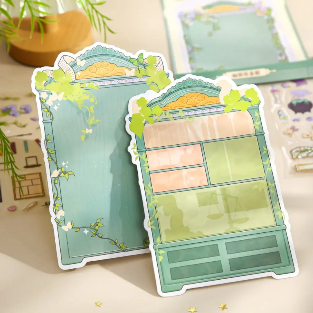 Finished Arcane Alchemy Cabinet scene showing front and back display panels with green vines and soft cabinet details