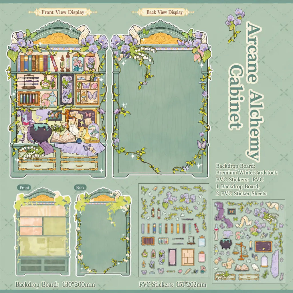Arcane Alchemy Cabinet 3D scene sticker kit with green cabinet backdrop, books, potion details, vines, and PVC sticker sheets