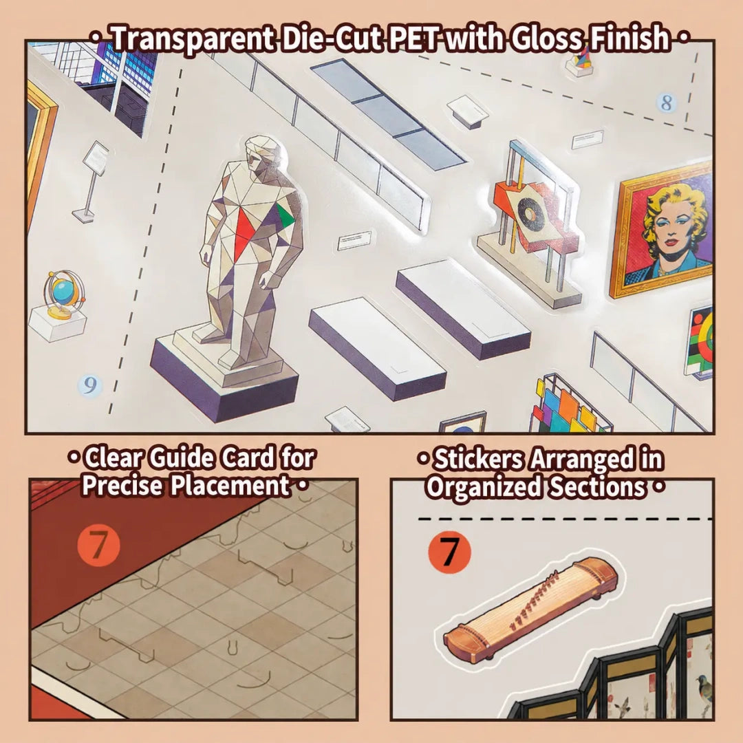 Art Museum 3D Scene Sticker Book detail image showing transparent glossy stickers, guide card, and organized sections