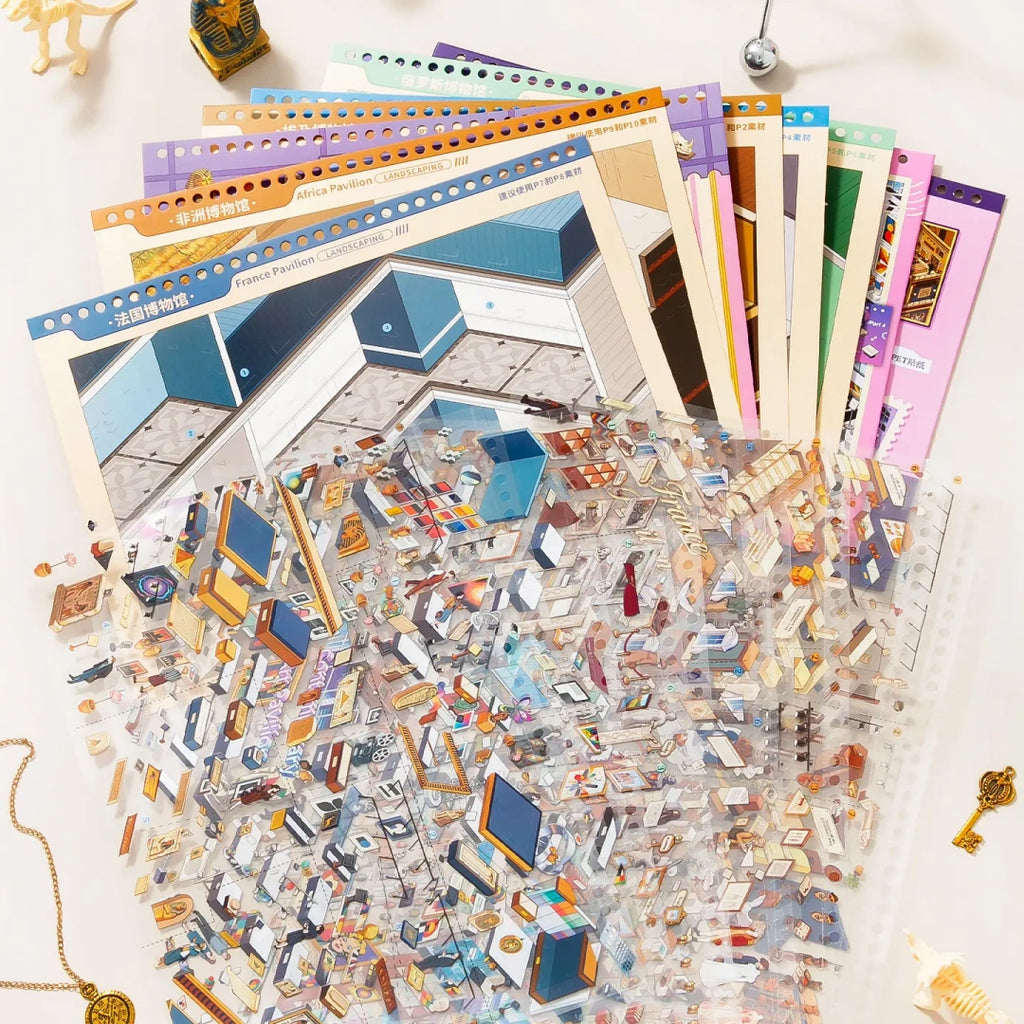 Art Museum 3D Scene Sticker Book contents with scene cards and transparent museum-themed sticker sheets