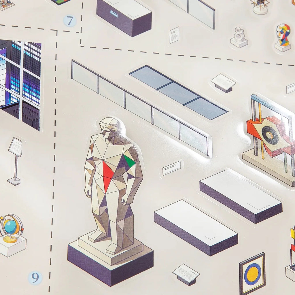 Close-up of a transparent die-cut sticker with a museum statue and glossy finish