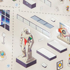Close-up of a transparent die-cut sticker with a museum statue and glossy finish