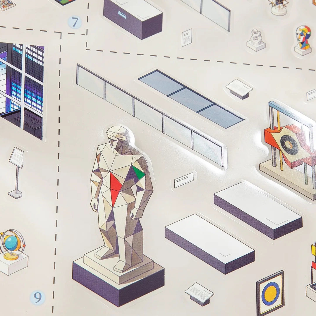 Close-up of a transparent die-cut sticker with a museum statue and glossy finish