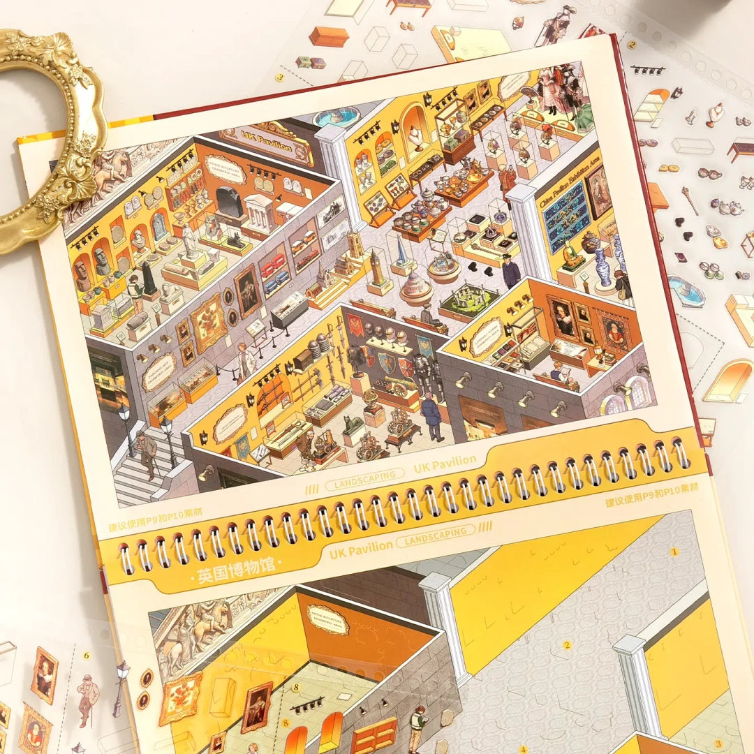 UK Pavilion scene card and guided placement page from the Art Museum 3D Scene Sticker Book