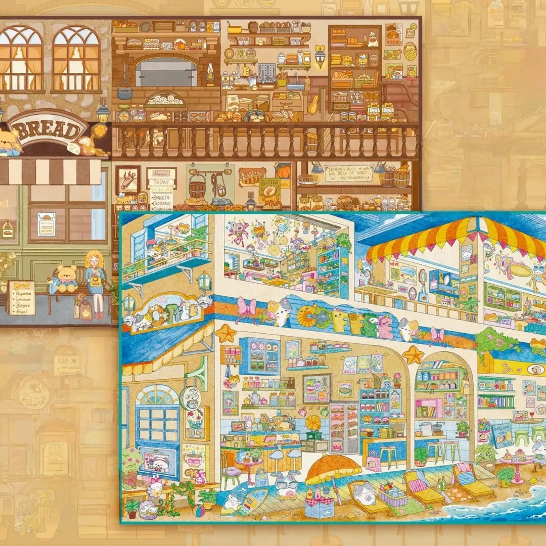 Bakery and seaside shop 3D scene sticker kit set with two miniature shop scenes
