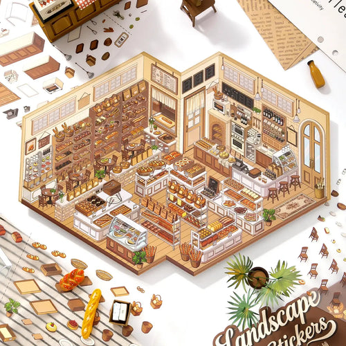 Bakery Shop 3D Scene Sticker Kit finished display with a cozy miniature bakery layout