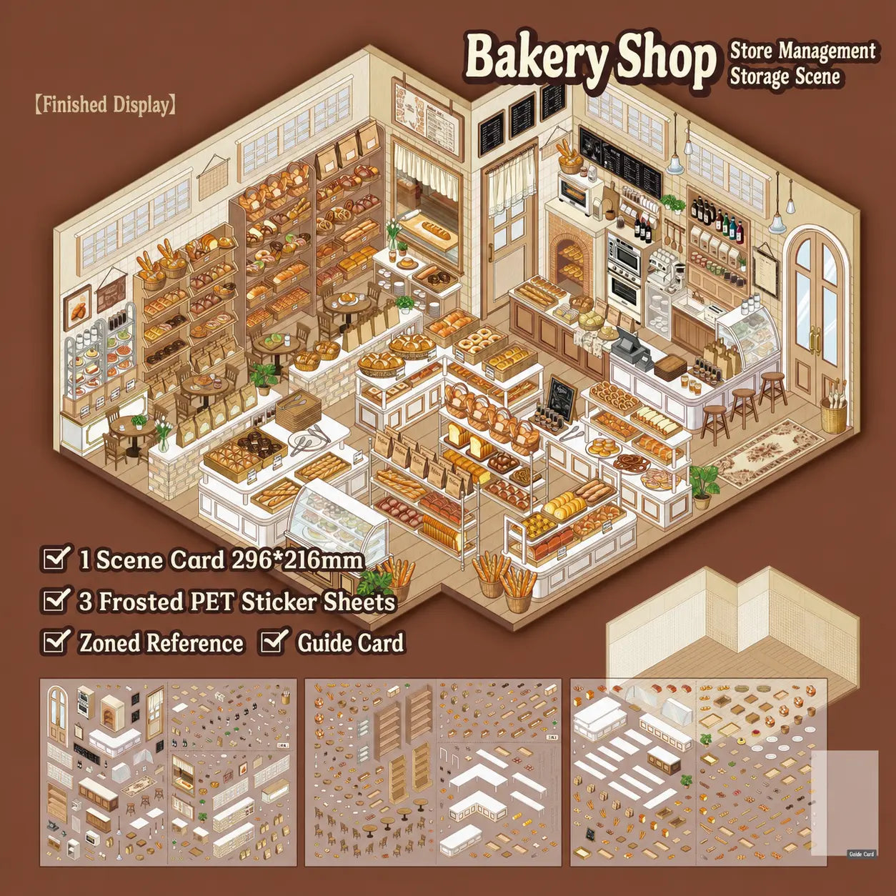 Overview of the Bakery Shop 3D Scene Sticker Kit with one scene card and three frosted PET sticker sheets