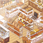Frosted PET stickers layered over the bakery scene card to create a 3D-look miniature shop effect