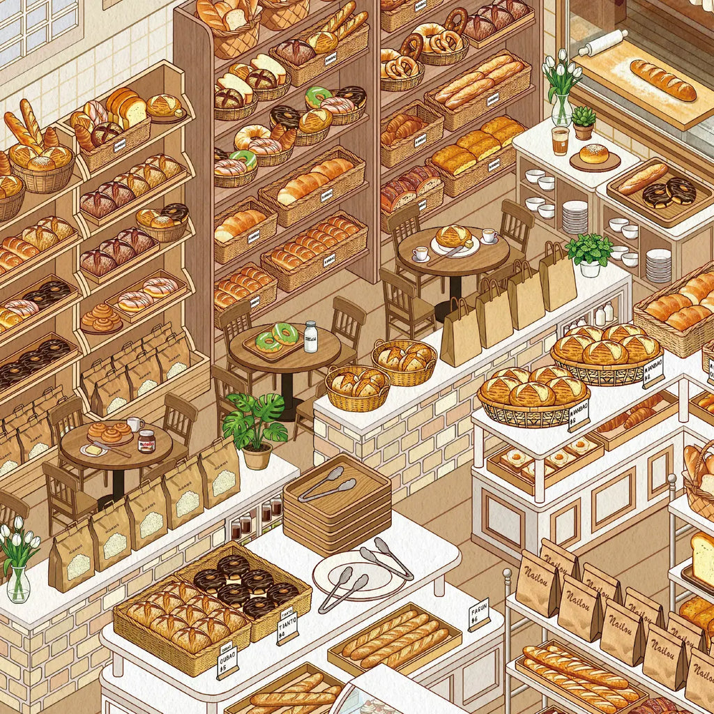 Close-up of miniature bread shelves and pastry displays in the Bakery Shop 3D Scene Sticker Kit